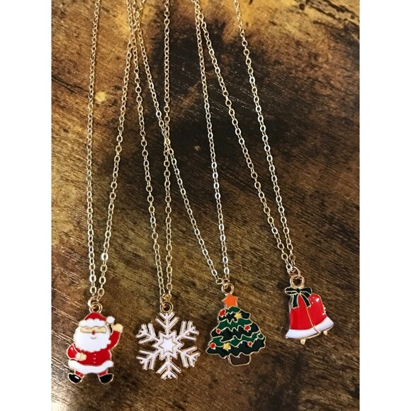 Girl's 4 Piece Christmas Necklace Set Santa Tree Snowflake Bells - Picture 1 of 2